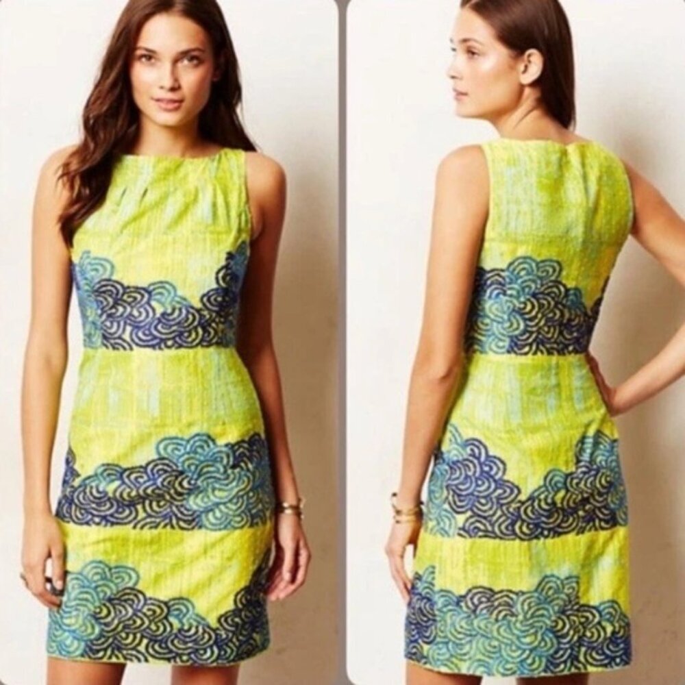 Anthropologie Tabitha Women’s Azure Scroll Mini Dress Embroidered Sheath Size 4